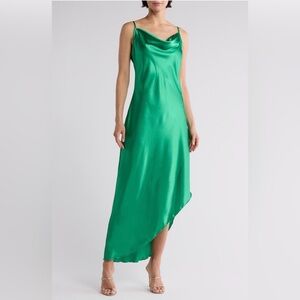 bebe Emerald Green Asymmetric Satin Slinky Slip‎ Dress